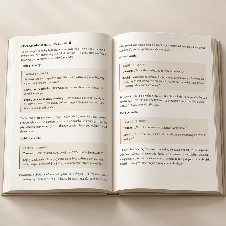 Otwarty ebook: Gotowe zdania na cztery zapalniki — telefon i ekrany, godzina powrotu, oceny i szkoła, ton i mina